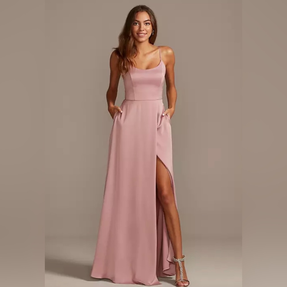 Pink crepe-back satin spaghetti strap David’s bridal dress